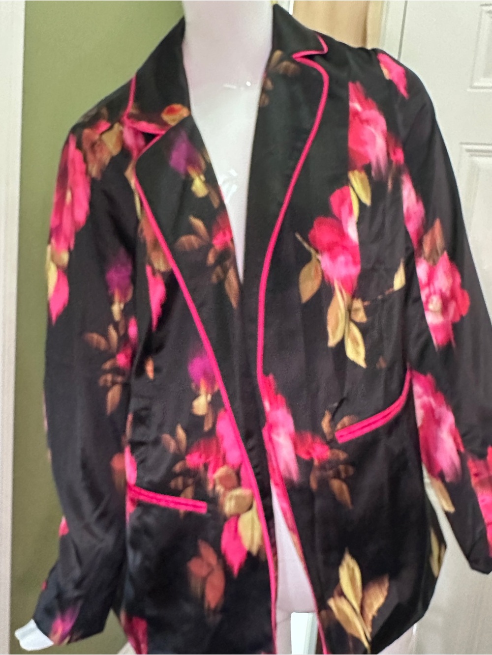 Floral Satin Black Blazer with Pink Trim - Women's Jacket Torrid satin